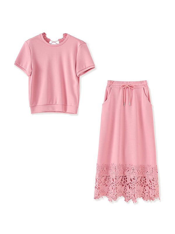 Crew Neck Top Lace Insert Skirt Knit Set 1
