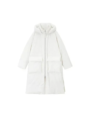 Long Slouchy Down Coat in Textured Cotton-Blend