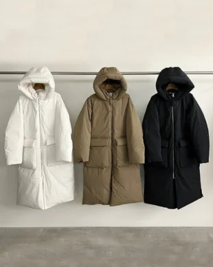 Long Slouchy Down Coat in Textured Cotton-Blend