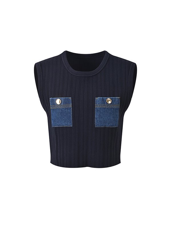 Denim Patchwork Knit Cropped Vest 1 Carbon-Negative Cropped Vest - Upcycled Denim Patchwork Knit Thermal Regulating