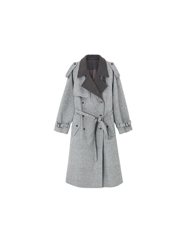 Double-Breasted Wool Trench Coat with Contrast Lapel and Panels 1
