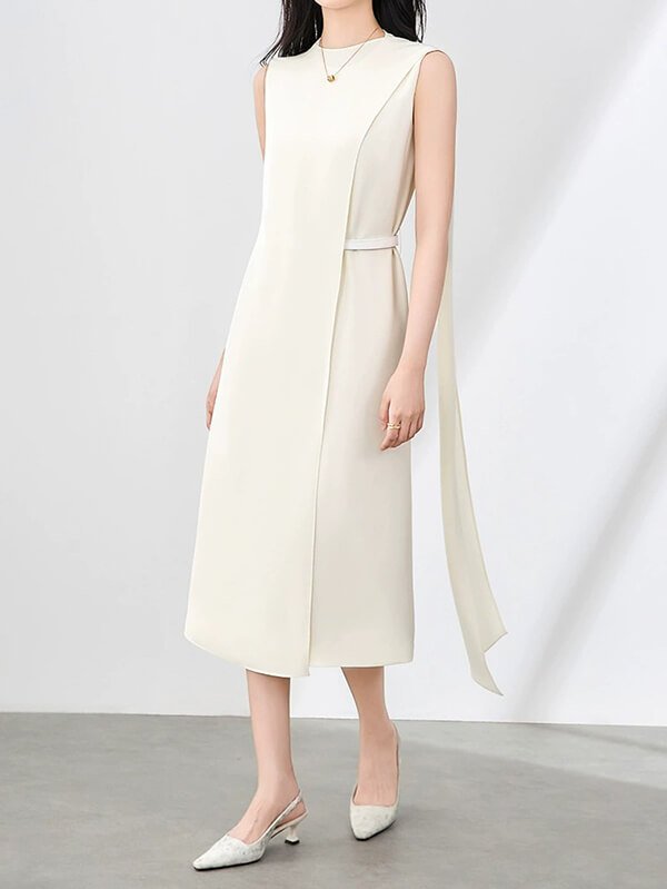 Elegant Tencel Midi Dress with Detachable Flowing Sash - Navy Blue Women's Versatile Layering Piece