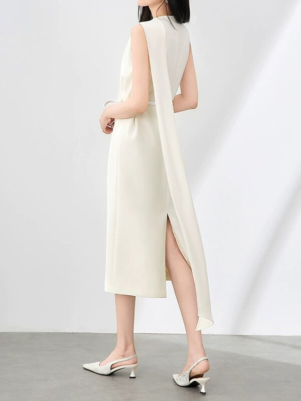 Hand-Finished Tencel Midi Dress with Flowing Sash - Women's Wedding Guest Dress