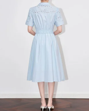 Embroidered Midi Dress with Lapel Collar