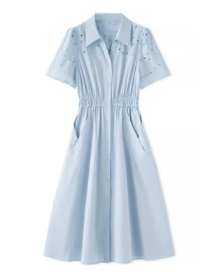 Embroidered Midi Dress with Lapel Collar