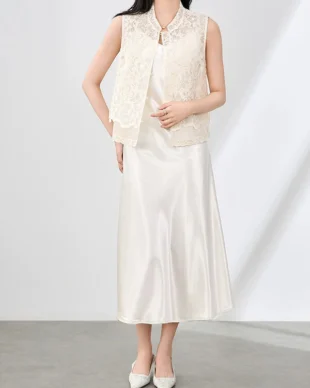 Embroidered Vest and Satin Slip Dress Set