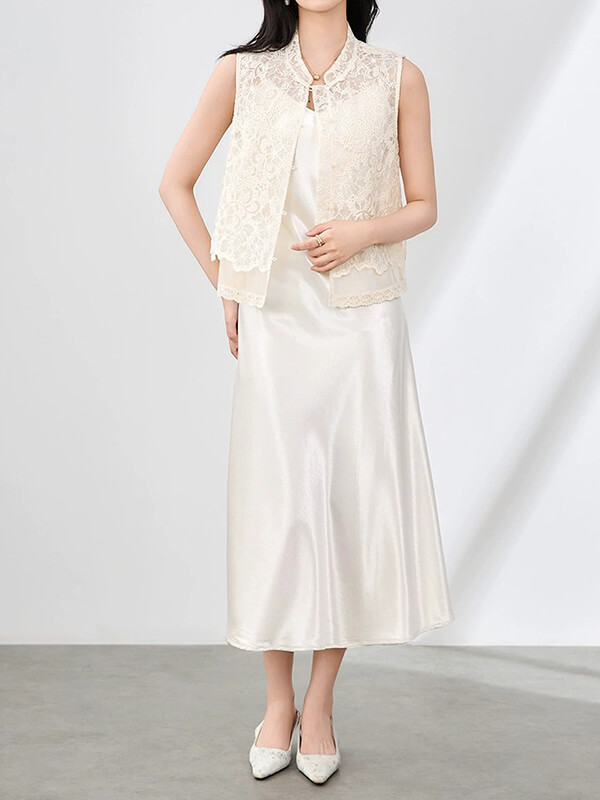 Embroidered Vest and Satin Slip Dress Set