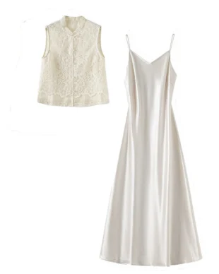Embroidered Vest and Satin Slip Dress Set