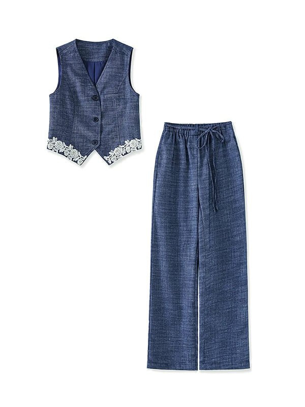 Artisan embroidered linen vest and fluid straight leg pants set - tonal stitching and adjustable waist