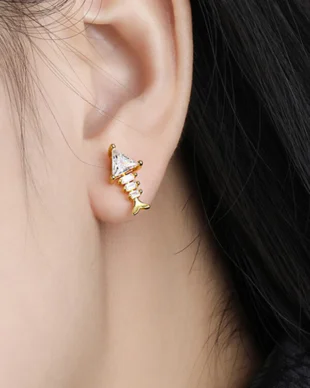 Fish Bone Zircon Silver Ring Earrings