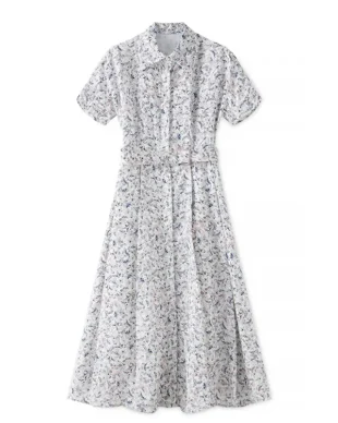 French Style Butterfly Print Waist-Cinching Dress