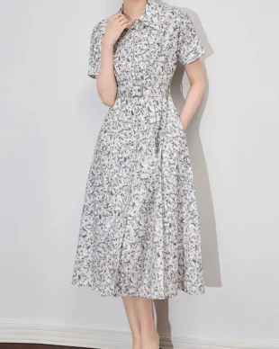French Style Butterfly Print Waist-Cinching Dress