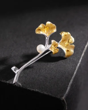 Ginkgo Leaf Pearl Silver Brooch