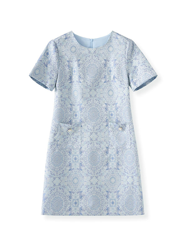 Gold-Threaded Jacquard Tailored A-Line Dress