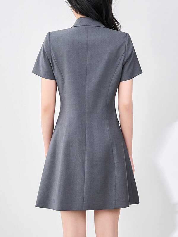 Short gray blazer dress with gold buttons, double breasted mini dress for dinner dates, vegan leather trim evening wear