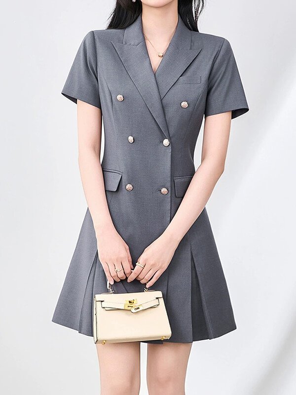 Gray double breasted blazer dress for work, stretch wool blend with pocket detail, knee-length professional dress for women