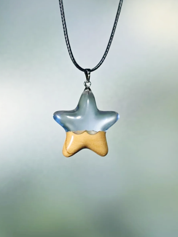 Hand-Carved Natural Peach Wood Moon & Star Resin Necklace 1