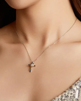 Heart Cross Moissanite Silver Necklace