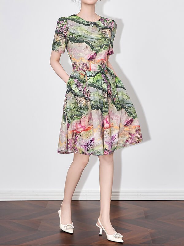 Artisanal Moss Green Block Print Dress - Heavyweight Linen Canvas Ethical Craft Transitional