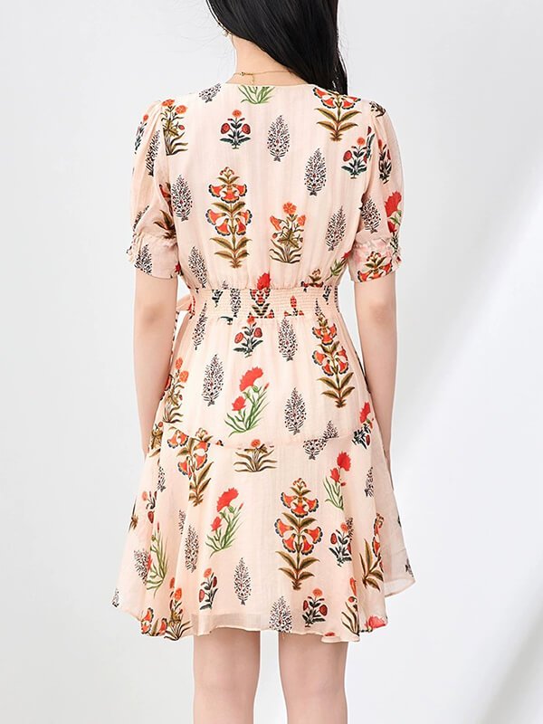 Boho wrap V neck maxi dress with high waist and asymmetric ruffle hem for beach weddings or tropical vacations