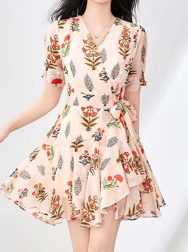 Elegant high waisted V-neck dress with asymmetrical ruffle skirt for garden weddings or cocktail parties