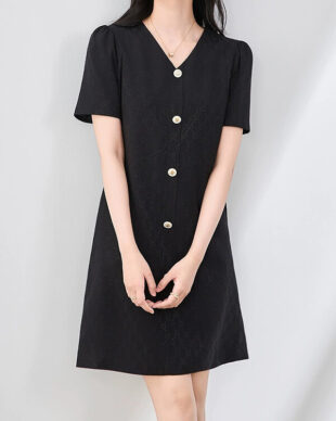 Jacquard Slim-Fit Puff-Sleeve A-Line Dress