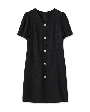 Jacquard Slim-Fit Puff-Sleeve A-Line Dress