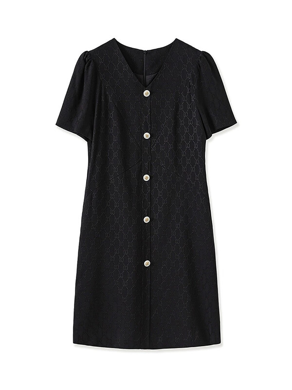 Jacquard Slim-Fit Puff-Sleeve A-Line Dress