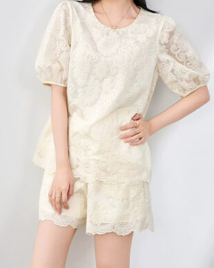 Jacquard Top and Lace-Trimmed Shorts Set