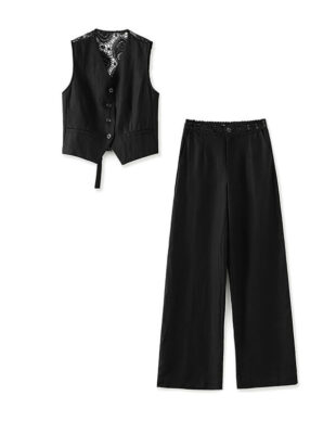 Lace & Linen Vest and Wide Leg Pants Set