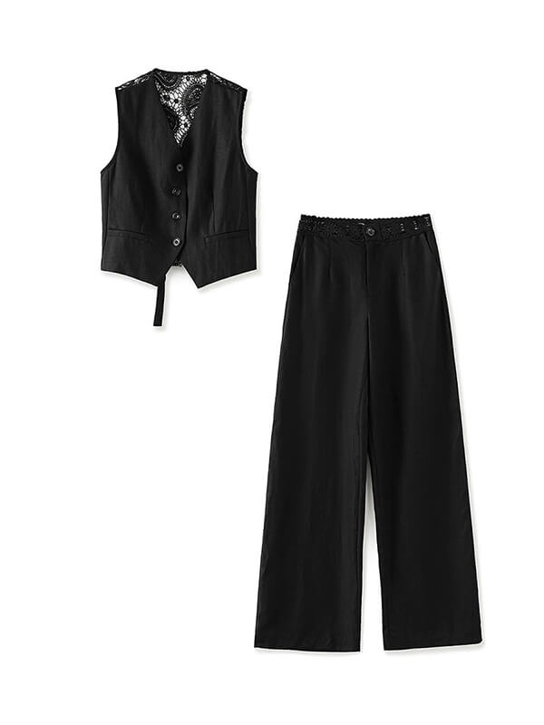 Lace & Linen Vest and Wide Leg Pants Set