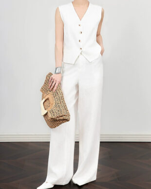 Lace & Linen Vest and Wide Leg Pants Set