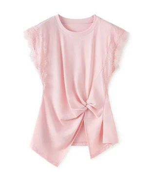 Lace-Paneled Smocked Waist Slim-Fit Tee