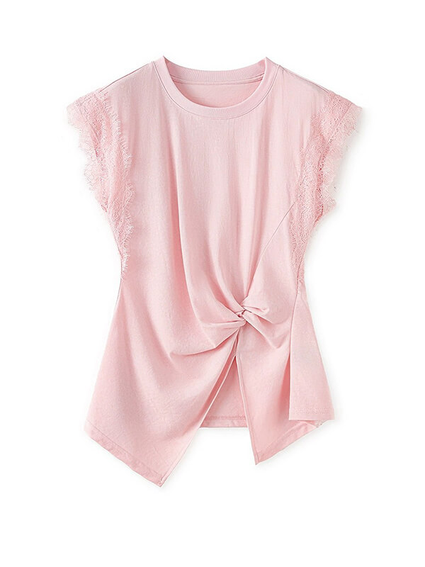 Lace-Paneled Smocked Waist Slim-Fit Tee