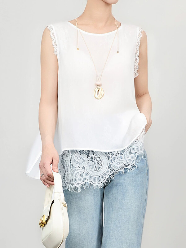 Lace Sleeveless Chiffon Top with Back Slit