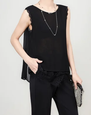 Lace Sleeveless Chiffon Top with Back Slit