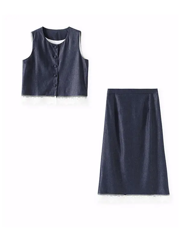 Lace-paneled top and linen-denim skirt set