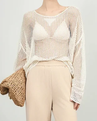 Long-Sleeve Crochet Openwork Knit Sun Cover-Up