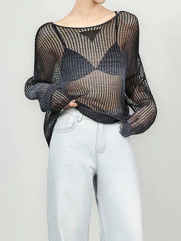 Long-Sleeve Crochet Openwork Knit Sun Cover-Up