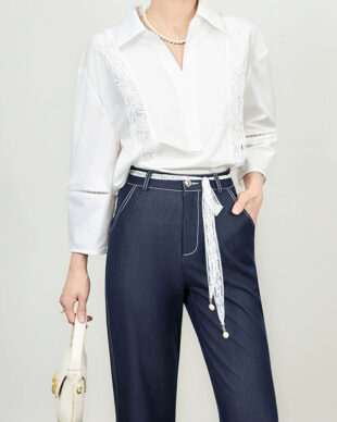 Minimalist Lace-Paneled Oversized Shirt