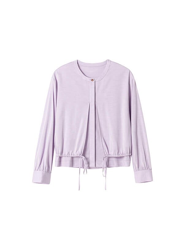 Convertible two-layer travel coat purple lyocell wool, modular collar and belt flat lay