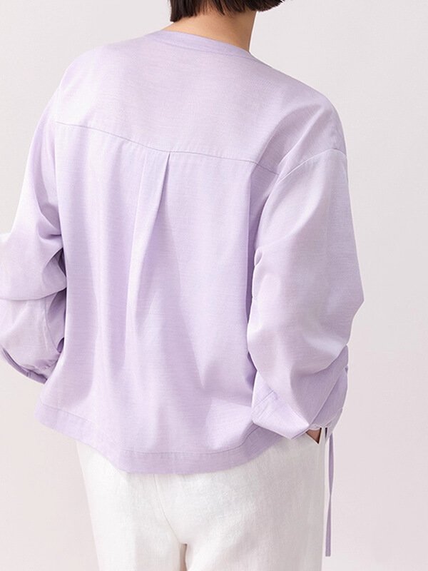 Eco-tech purple coat closed-loop dye process, lyocell wool blend zero-waste pattern