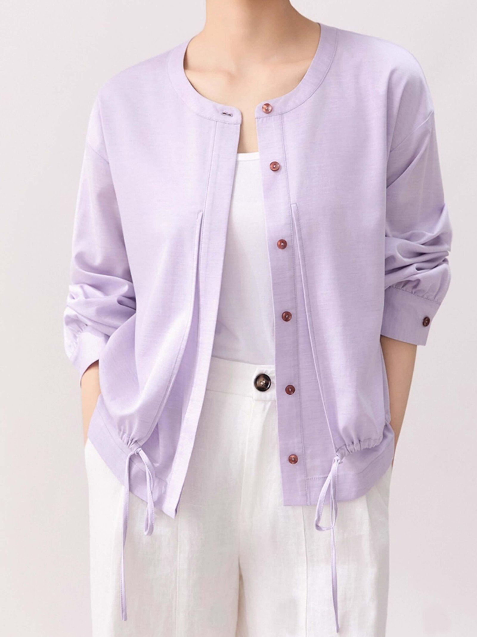 All-weather adjustable coat purple thermal weave, moisture-wicking wool lyocell blend