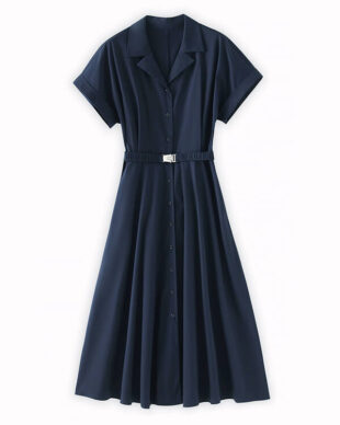 Navy Blue Waist-Cinching Cool-Touch Shirt Dress