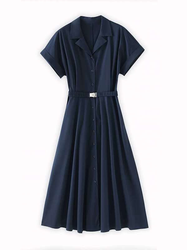 Navy Blue Waist-Cinching Cool-Touch Shirt Dress