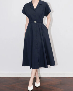 Navy Blue Waist-Cinching Cool-Touch Shirt Dress
