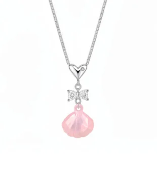 Oil Drip Pink Shell  Pearl Necklace Stainless Steel with Zirconia