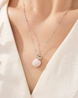 Oil Drip Pink Shell  Pearl Necklace Stainless Steel with Zirconia