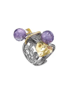 Openwork Amber Amethyst Silver Ring