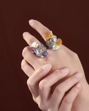 Openwork Amber Amethyst Silver Ring